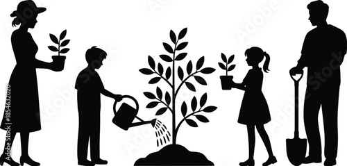Gardening silhouettes, family planting, environmental care, teamwork moment, black vector, outdoor activity, nurturing gesture, isolated graphic, nature icon, child involvement