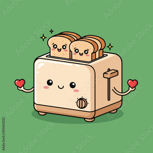 Cute Happy Toaster with Kawaii Toast and Hearts Adorable Breakfast Appliance Vector Illustration for Morning Love and Joy