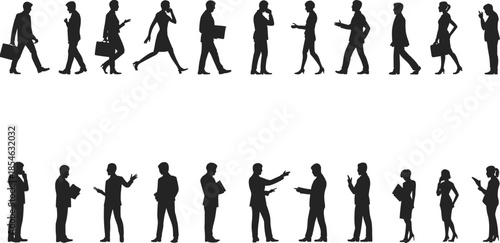 Business people silhouette set showing men women walking talking gesturing professionals isolated white background corporate vector illustration