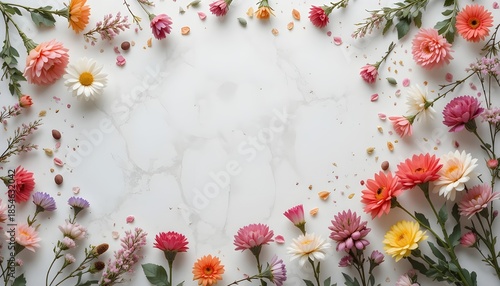 Festive Flower Composition on a White Background, Overhead View with Vibrant Petals and Decorative Arrangemen