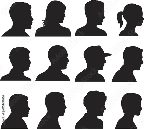 Head, silhouette, profile, people, hairstyle, diversity, icon, vector, black, isolated, shape, character, identity, design, human, shoulder, style, grid, collection, variation