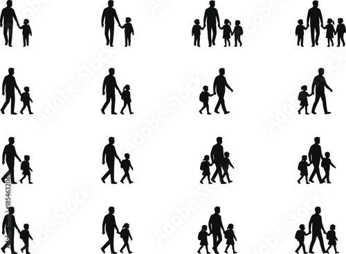 Man walking with children, family silhouette icons, black figures, school commute poses, guardian-child clipart, isolated design, parenting vector set