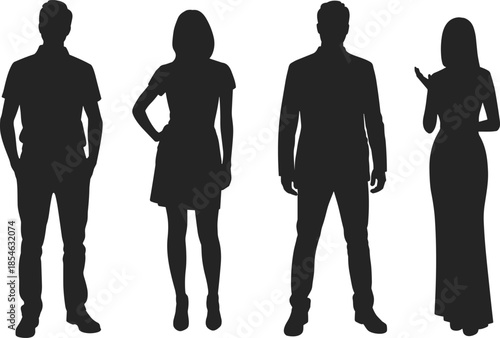 Standing people silhouettes collection isolated men and women casual poses black vector illustration set for lifestyle fashion design use