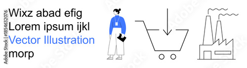 E-commerce, manufacturing, trade economy, corporate management, logistics, business organization. A professional woman, a shopping cart and a factory. E-commerce and manufacturing concepts