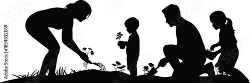 Family gardening together, teamwork in nature, kids planting flowers, outdoor activity, eco-friendly lifestyle, silhouette illustration, spring garden, bonding moment, black vector