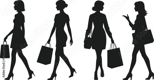 Fashion silhouettes, shopping women, stylish pose, black vector, retail icon, consumer gesture, isolated graphic, lifestyle moment, bag carry, trendy stance