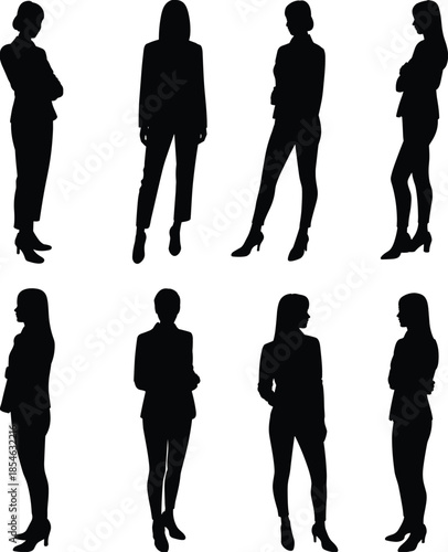 Businesswoman silhouette set standing confident poses isolated black vector illustration professional female leadership fashion corporate style