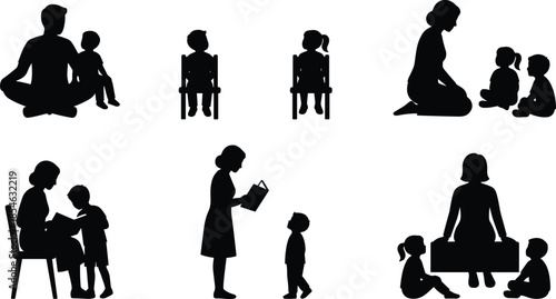 Adult child interaction silhouettes, educational icons, black figures, storytelling poses, reading moments, nurturing clipart, isolated design, learning vector set