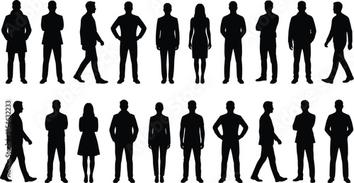 Standing and walking silhouettes, black human figures, diverse postures, male and female icons, body language clipart, isolated design, vector set