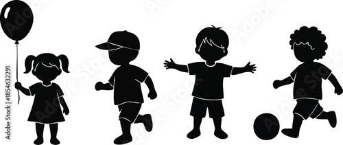 Black silhouette set of happy children playing with a ball and balloon on white