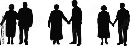 Elderly support silhouettes, caregiving bond, intergenerational connection, walking pose, black vector, family icon, emotional gesture, isolated graphic, age diversity, companionship moment