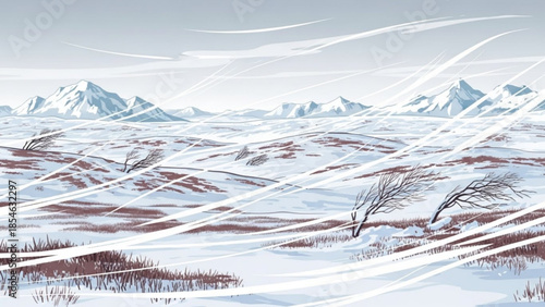 Snowy mountain range with bare trees and rolling hills under a cloudy sky with snow falling heavily