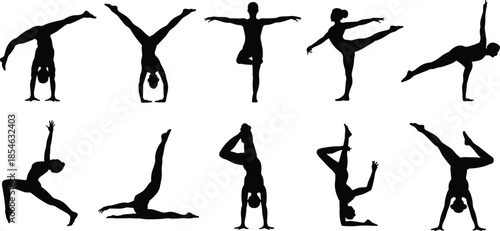Yoga silhouettes, gymnastics poses, fitness icons, body balance, flexibility art, black vector, exercise graphic, strength movement, isolated figures, posture study