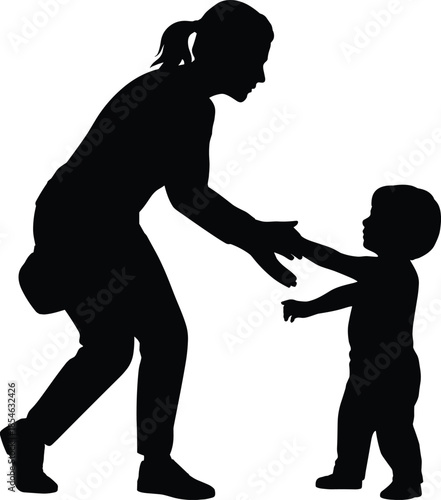 Silhouette of adult helping child walk, parenting support moment, family care concept, nurturing bond, black vector, isolated illustration
