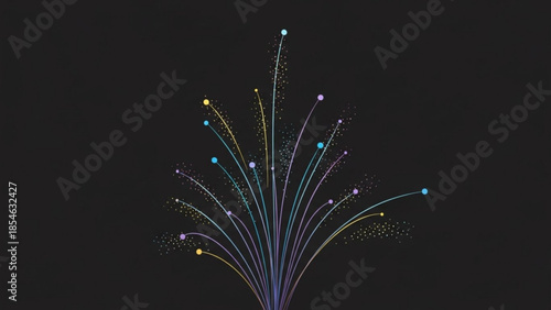 Vibrant multicolored sparkling fireworks exploding in night sky with colorful trails and glowing dots on dark background