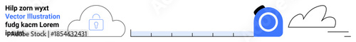 Data storage, measurement, cloud technology, cybersecurity, digital tools, online safety. A measuring tape extending toward a cloud with a lock icon. Cloud technology and data storage security