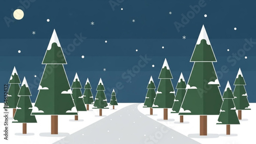Snowy winter landscape with pine trees road moonlit night scene