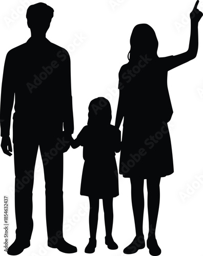 Silhouette of family holding hands, adult and child unity, black vector illustration, parenting concept, isolated design, guidance theme