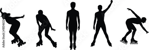 Roller skating silhouettes, dynamic poses, quad skates, inline motion, black vector, athletic icon, recreational gesture, isolated graphic, skating stance, movement art