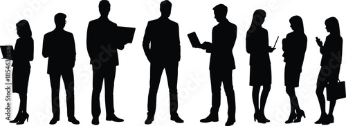 Business silhouettes, digital professionals, tech engagement, black vector, device gesture, corporate icon, isolated graphic, modern workplace, laptop pose, tablet stance