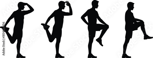 Stretching pose silhouettes, warm-up exercises, balance posture, fitness routine, black vector, physical activity, flexibility training, standing figure, workout concept