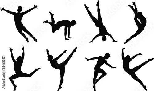 Dance silhouettes, athletic movement, expressive pose, black vector, choreography icon, body gesture, isolated graphic, dynamic stance, artistic moment, flexibility form