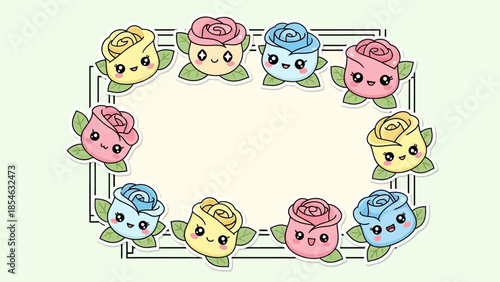 Charming frame featuring adorable kawaii roses in pastel hues ideal for design elements