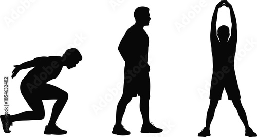 Athletic silhouettes, exercise poses, stretching figure, crouching stance, fitness vector, body movement, black illustration, workout concept, physical activity, sports posture