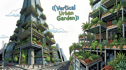 vertical urban garden integrated into city architecture, featuring layered green walls, compact plants, and sustainable design for modern metropolitan environments