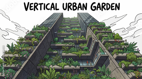 vertical urban garden integrated into city architecture, featuring layered green walls, compact plants, and sustainable design for modern metropolitan environments