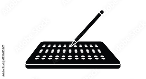 A minimalistic depiction of a vintage typewriter with a pen resting on it silhouette