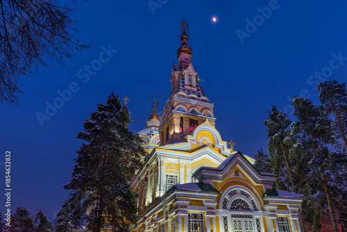 Built in 1907, the unique wooden Orthodox Ascension Cathedral in the Kazakh city of Almaty on a winter evening