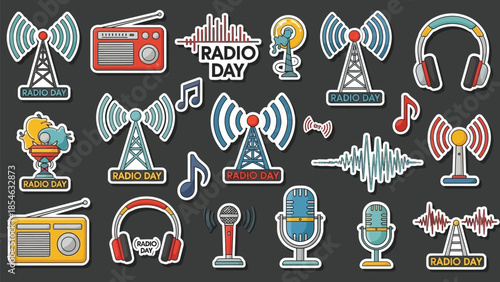 Collection of various radio broadcasting equipment antennas microphones and sound waves