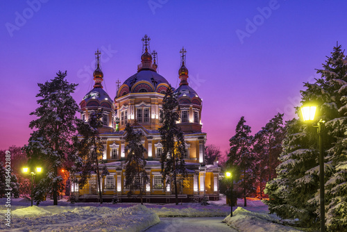 Built in 1907, the unique wooden Orthodox Ascension Cathedral in the Kazakh city of Almaty on a winter evening
