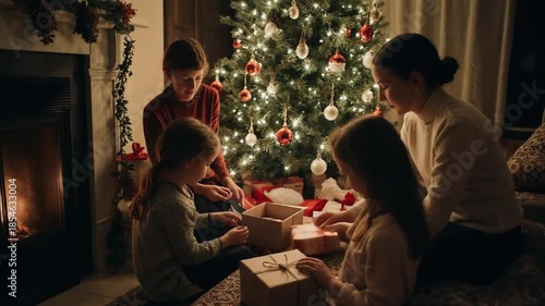 Happy Family Celebrating Christmas Together by the Tree