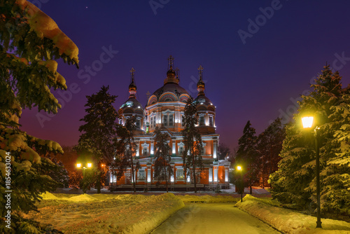 Built in 1907, the unique wooden Orthodox Ascension Cathedral in the Kazakh city of Almaty on a winter evening