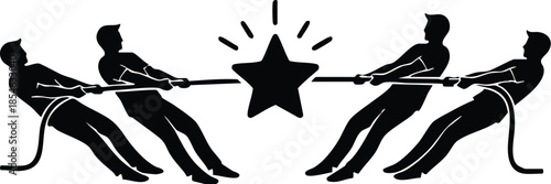 Black silhouette of two teams in a tug of war pulling a star on white background