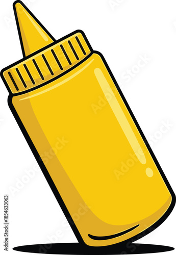 Yellow mustard squeeze bottle with black shadow on white background condiment sauce