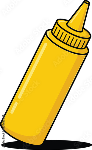 Yellow Squeeze Bottle of Mustard with Black Outline and Shadow condiment food