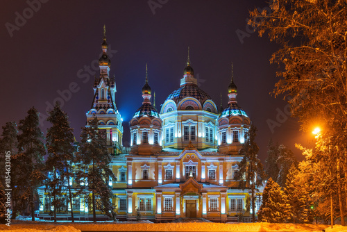 Built in 1907, the unique wooden Orthodox Ascension Cathedral in the Kazakh city of Almaty on a winter evening