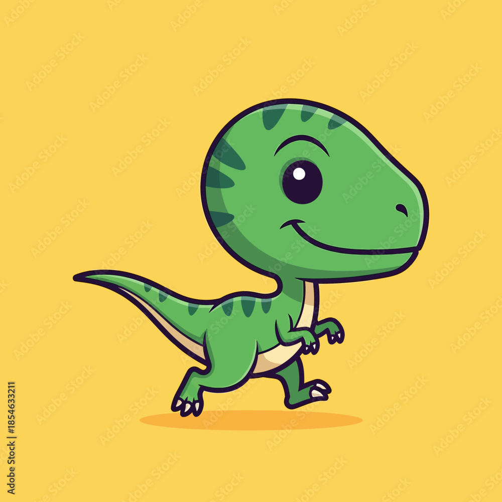 Fototapeta premium Cute cartoon dinosaur running on yellow background.