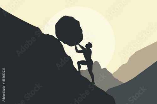 Silhouette of strong man pushing huge boulder uphill on steep mountain, flat vector illustration symbolizing hard work, struggle, perseverance, challenge, motivation and never give up attitude.