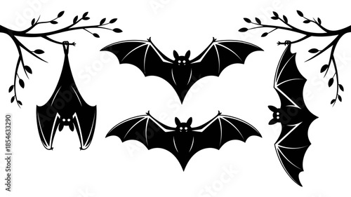 Silhouette of flying and hanging bats with tree branches