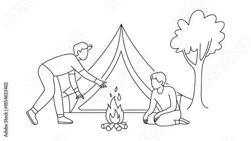 Two men camping with a tent and campfire