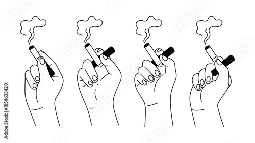 Four illustrations of a hand holding a smoking cigarette, presented in line art style