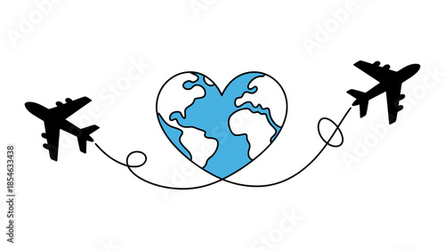 Two black silhouette airplanes flying around a blue heart-shaped earth globe, symbolizing international travel and love