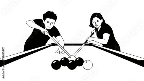 Man and woman playing pool billiards game with cue sticks and balls