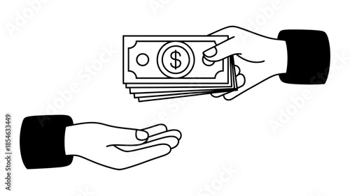 Hand giving stack of dollar bills to another hand, outline illustration