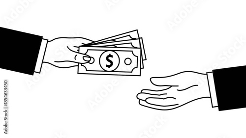 Hand giving stack of money to an open hand, illustrating a financial transaction or payment