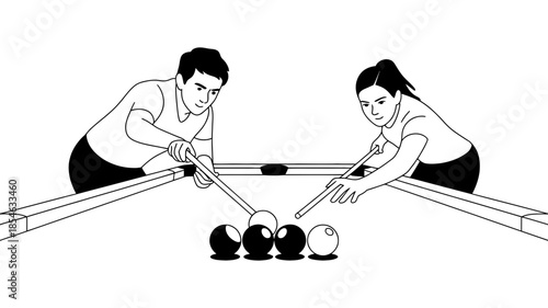 Man and woman playing billiards or pool game, black and white line art